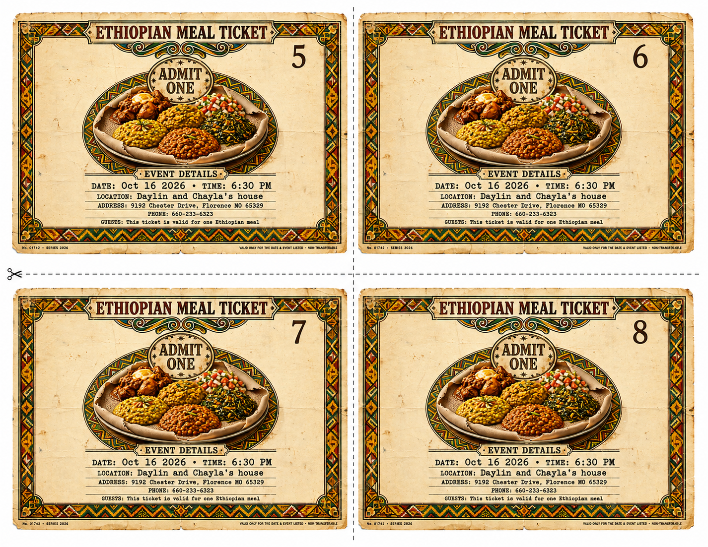 Ethiopian Meal tickets