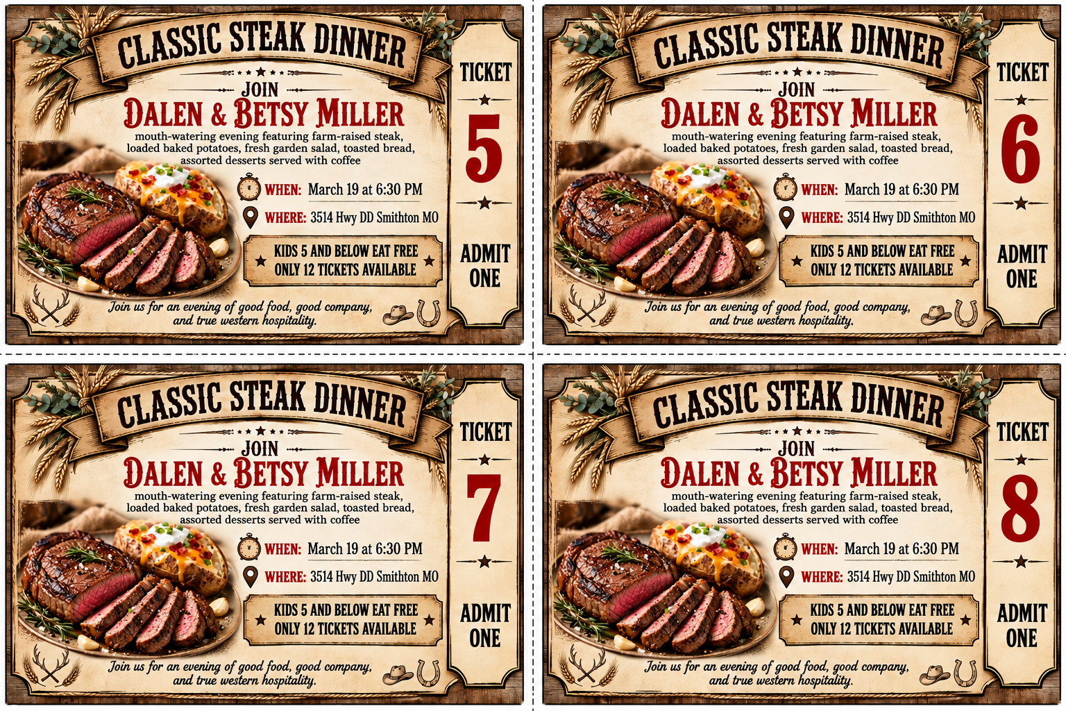 Steak Supper Tickets 5-8