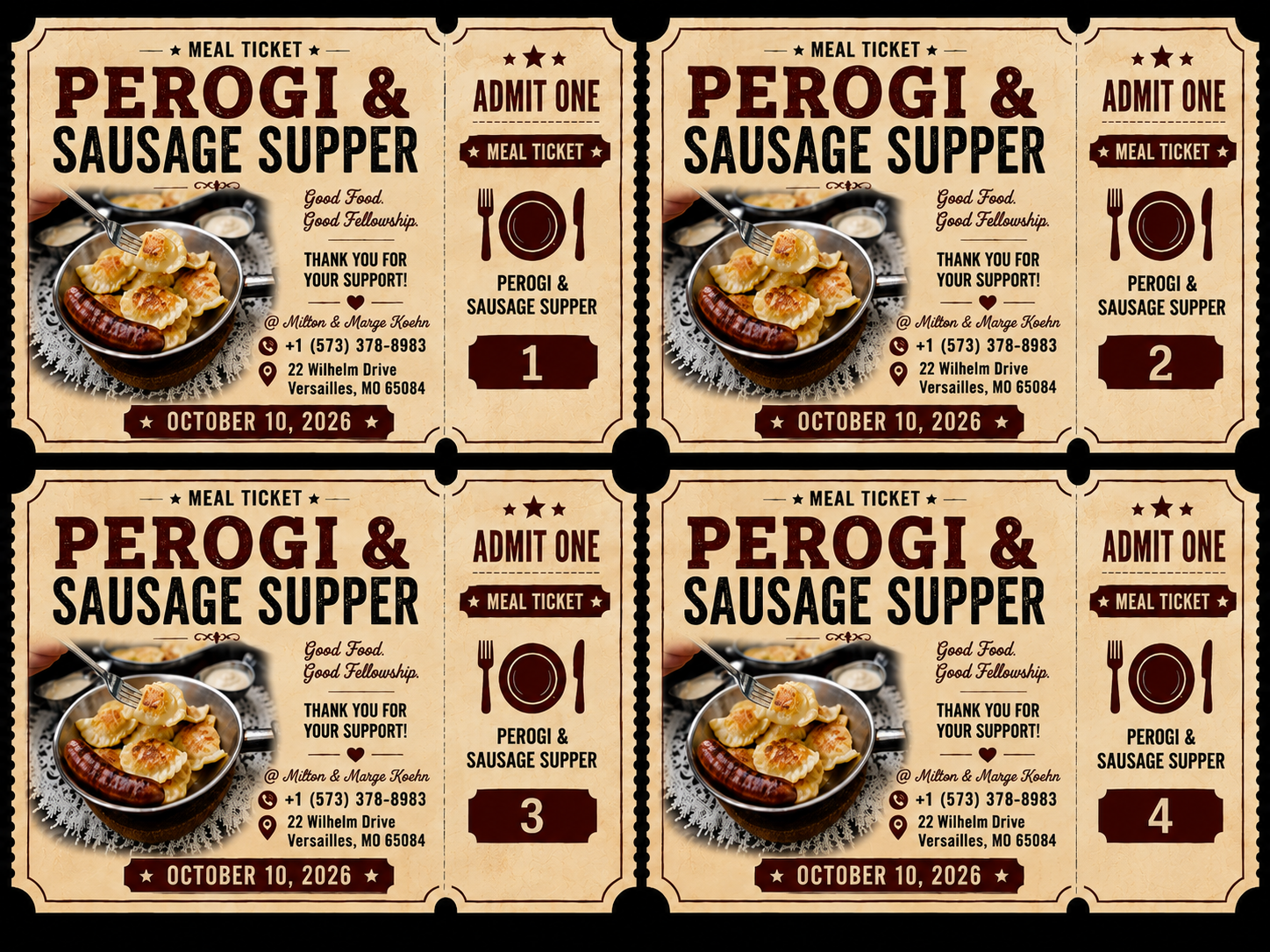 Perogi & Sausage Supper 4 tickets Sold Individually 