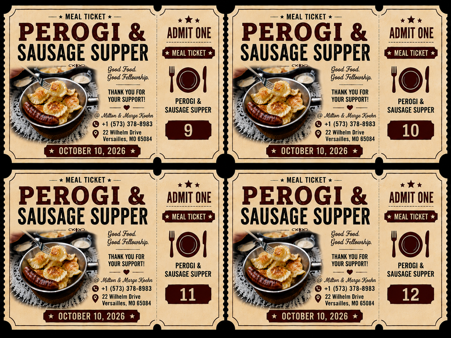 Perogi & Sausage Supper 4 tickets Sold Individually 