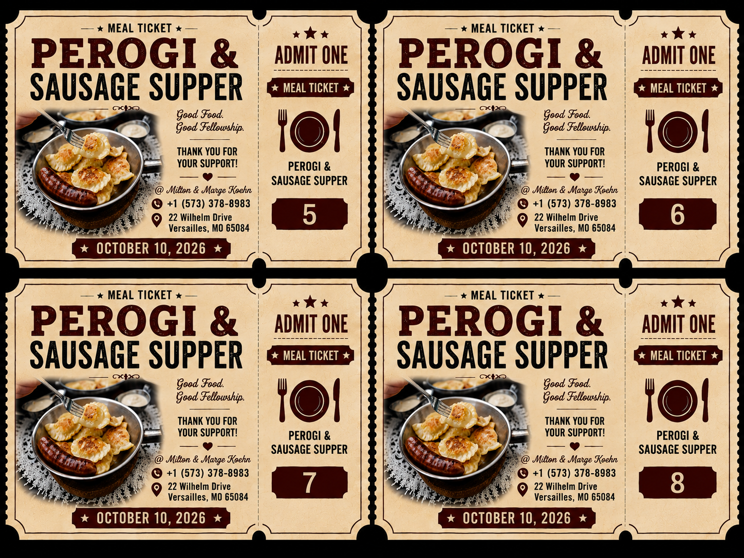 Perogi & Sausage Supper 4 tickets Sold Individually 