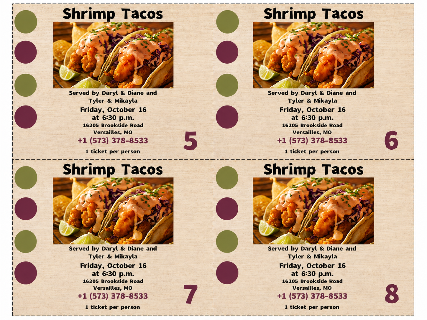 Shrimp taco Meal tickets 
